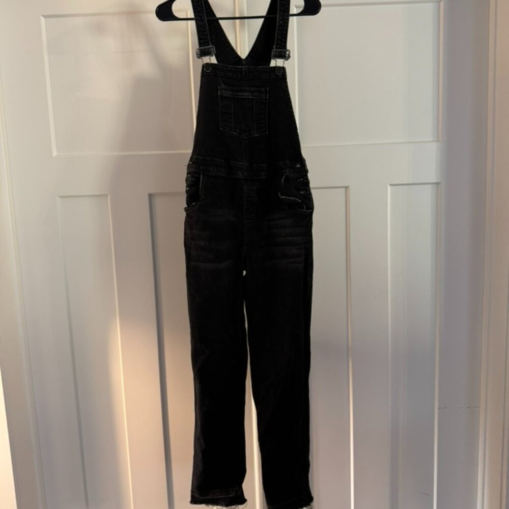Evsie Women’s Black Denim Overalls | Distressed Hem | Size 13/14